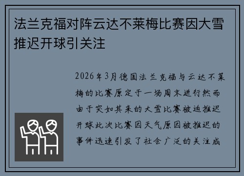 法兰克福对阵云达不莱梅比赛因大雪推迟开球引关注