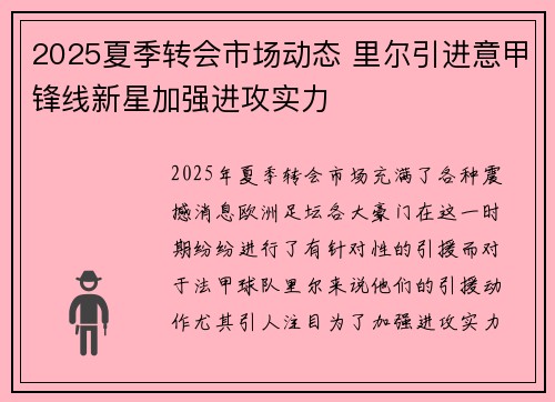 2025夏季转会市场动态 里尔引进意甲锋线新星加强进攻实力